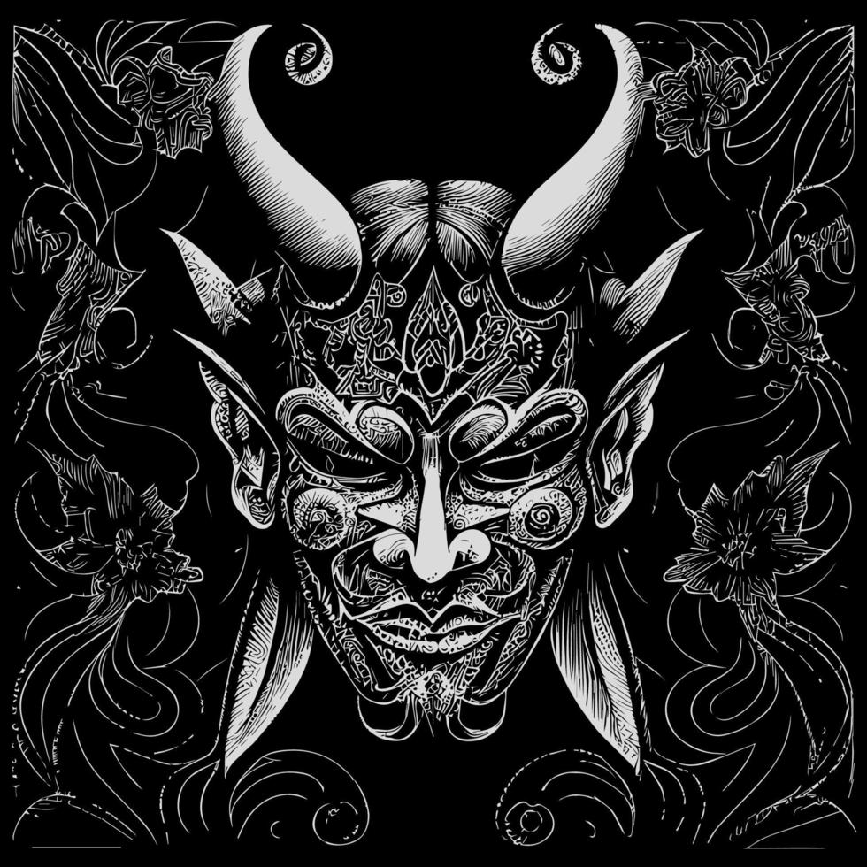 deze Japan hannya masker lijn kunst tekening beeldt af de spookachtig en boeiend uitdrukking van de traditioneel nee theater masker met ingewikkeld lijn werk vector