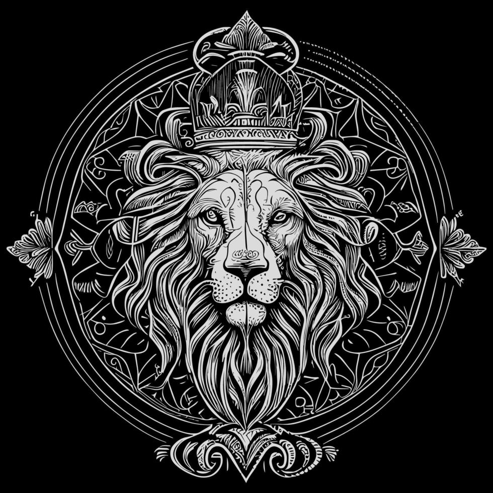verbijsterend tekening portretteert de majestueus hoofd van een leeuw versierd met een kroon, symboliserend macht en royalty. ingewikkeld details brengen deze vorstelijk schepsel naar leven, creëren een werkelijk boeiend stuk van kunst vector