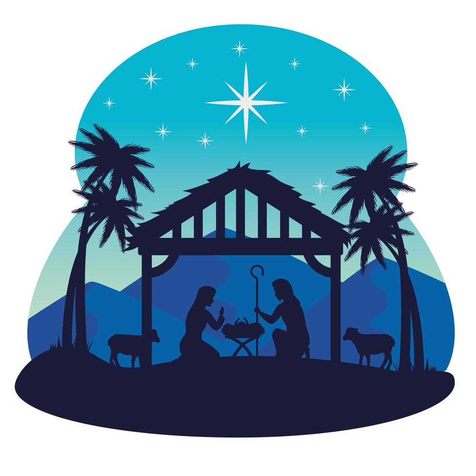vrolijk kerstfeest en geboorte met mary, joseph en baby jesus vector