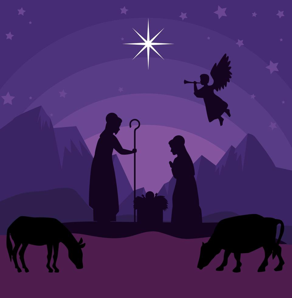vrolijk kerstfeest en geboorte met mary, joseph en baby jesus vector