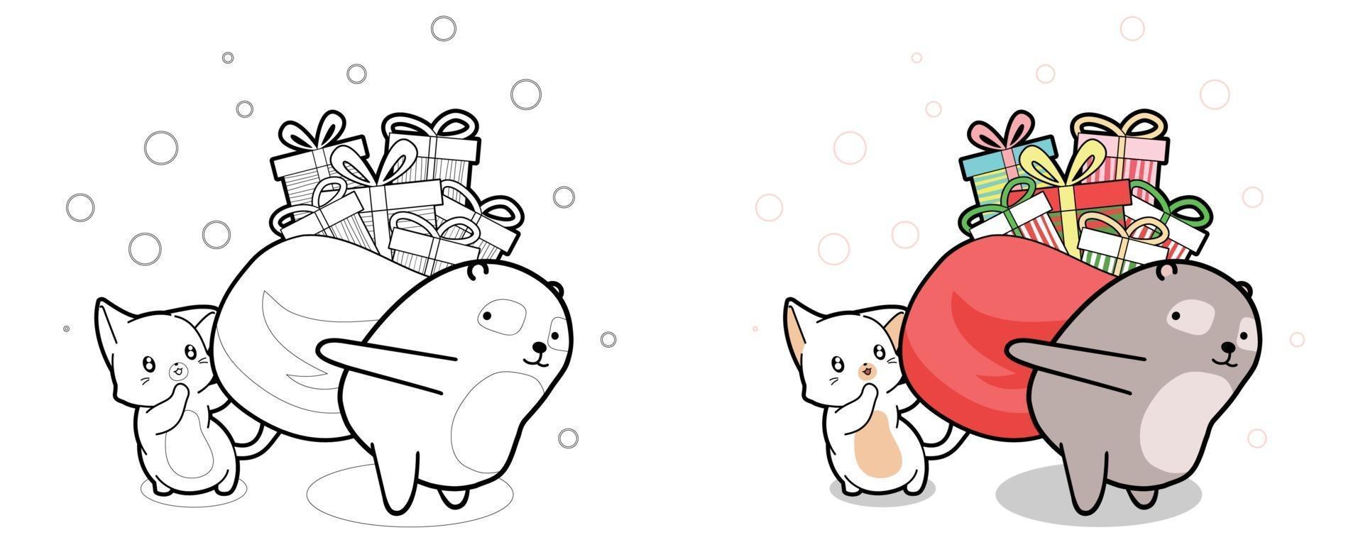 mooie kat en beer heffen zak met geschenken cartoon kleurplaat op vector