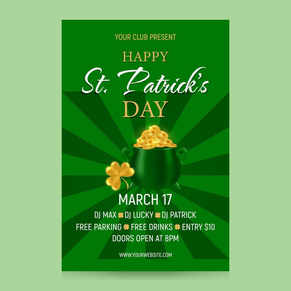 uitnodiging naar de viering van st. patricks dag Aan maart 17 Bij de club. feestelijk ontwerp voor reclame banier, uitnodiging, poster. ketel met goud munten, tekst Aan een groen achtergrond. vector. vector