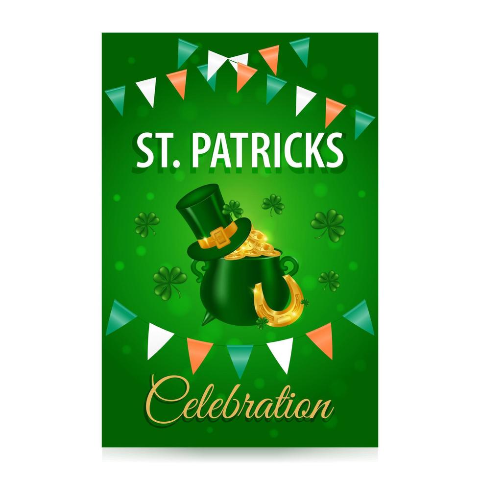 st. Patrick dag viering. achtergrond met partij benodigdheden Lucky gouden hoefijzer, elf van Ierse folklore schat pot, groen hoed met gouden gesp, slinger met vlaggen. vector illustratie.