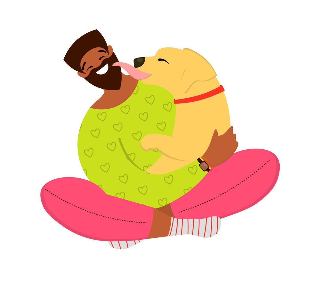 gelukkig zwart Mens Toneelstukken en knuffels met een hond. actief vakantie met huisdieren. mode vector illustratie in vlak stijl.