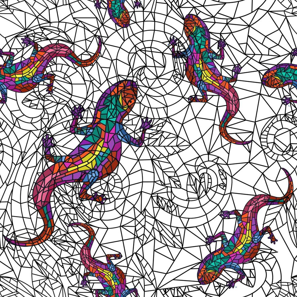 naadloos patroon met hagedissen in mozaïek- stijl. gebrandschilderd glas met hagedissen eindeloos ontwerp. vector