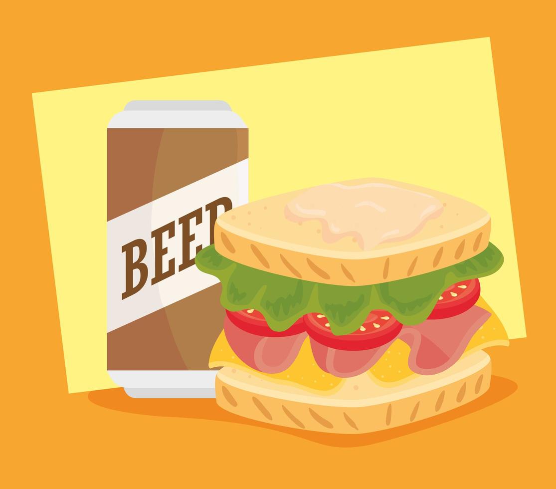 fastfood-ontwerp met heerlijke sandwich en een blikje bier vector