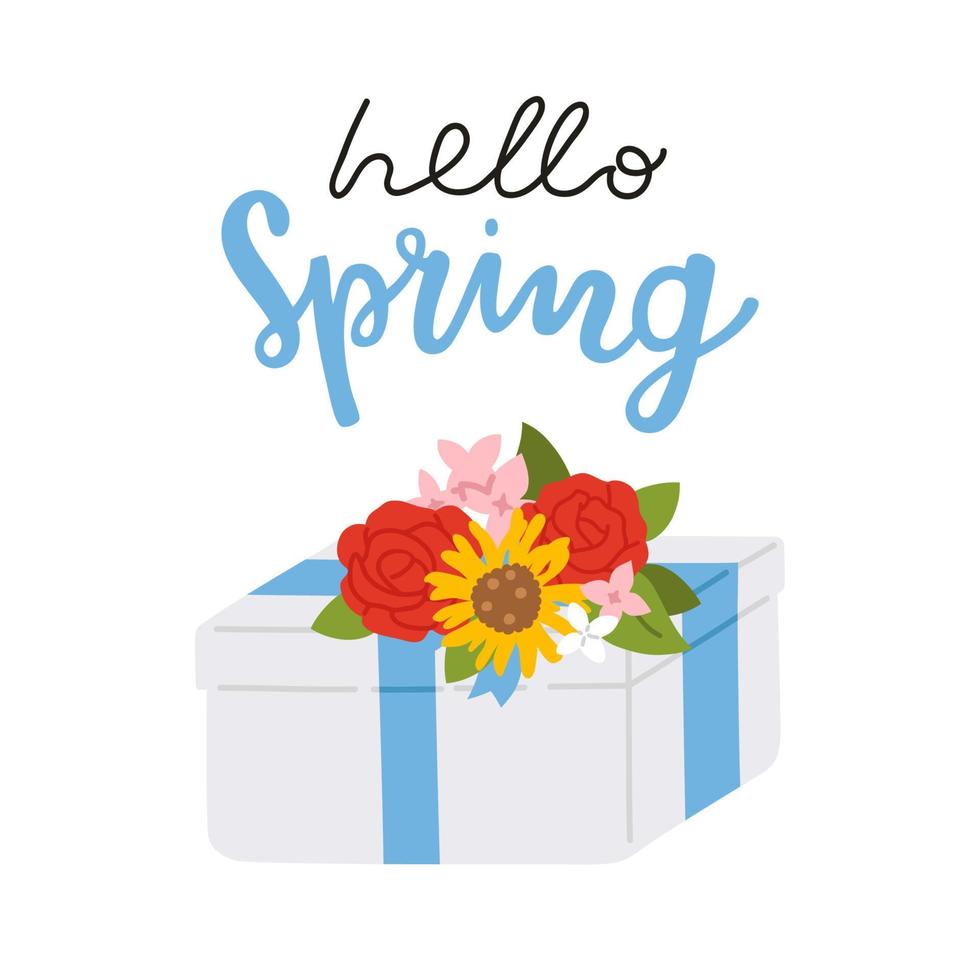 Hallo voorjaar met geschenk doos en bloemen vector
