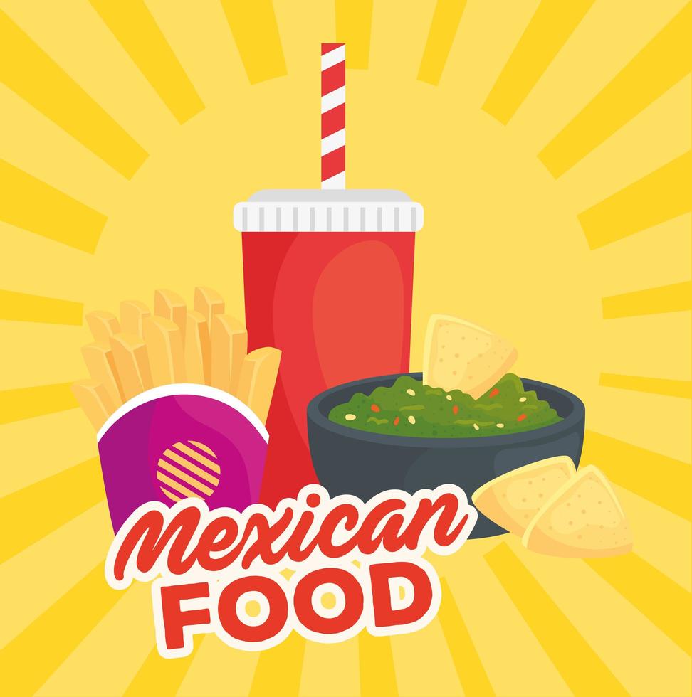 fastfood-poster met Mexicaans eten, guacamole en drank vector