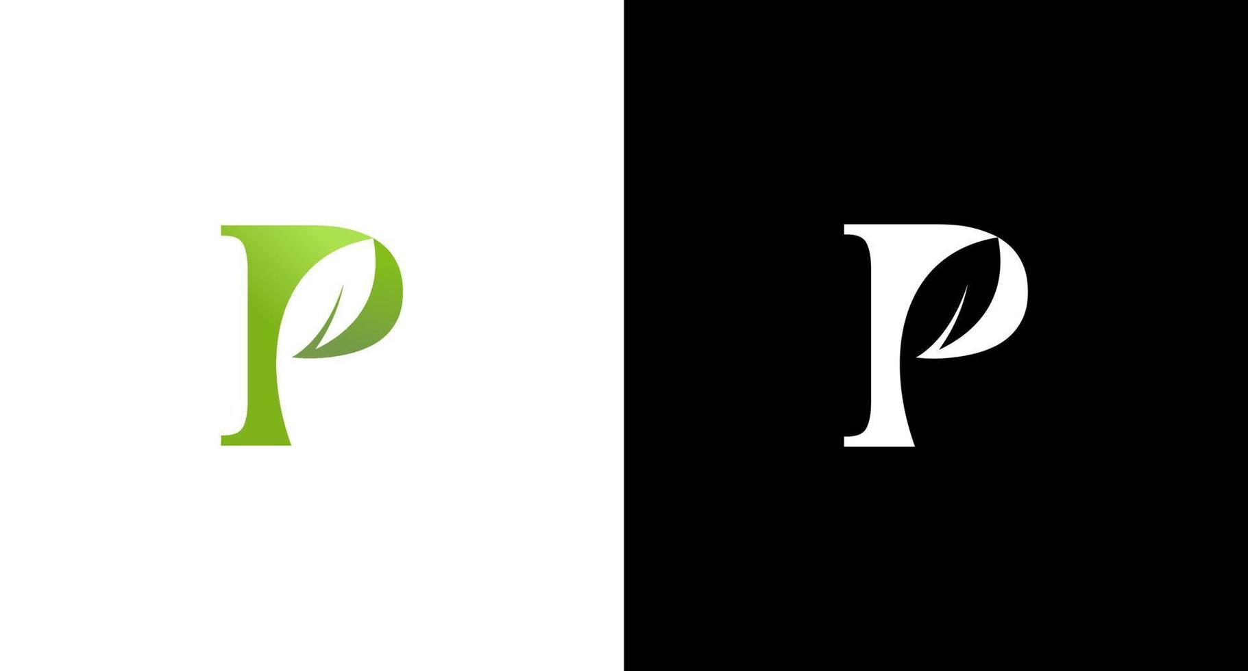 brief p en groen blad logo vector kruiden monogram zwart en wit icoon stijl ontwerp sjabloon