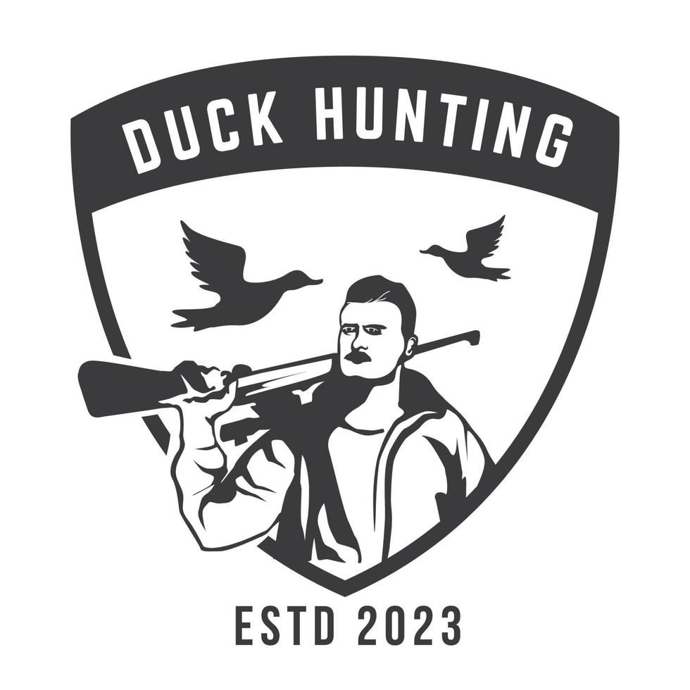 eend jacht- logo embleem silhouet met geweren en whoite geïsoleerd achtergrond vector