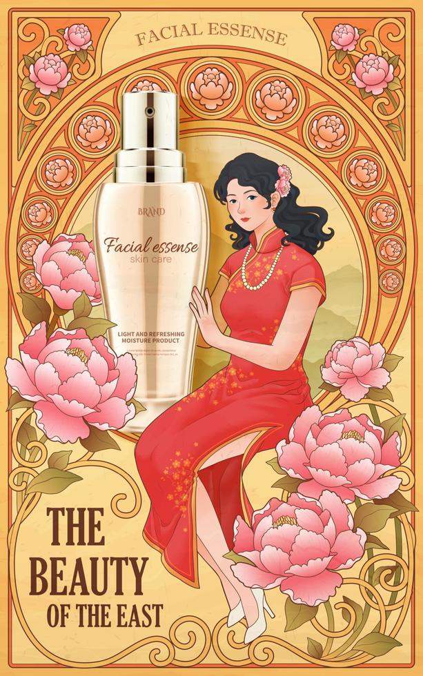 veel stijl huidsverzorging Product advertentie. illustratie van 3d gelaats essence fles met Aziatisch godin in decoratief nieuw kunst stijl vector