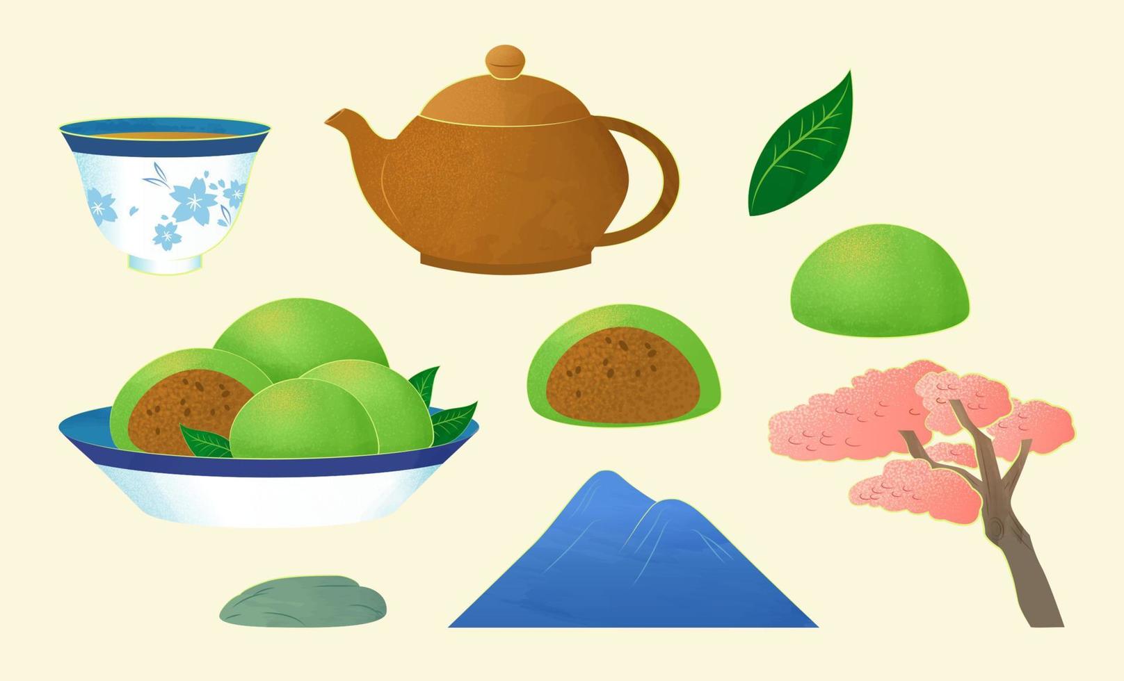 traditioneel qing ming festival decoratie set, inclusief thee beker, thee pot, groen rijst- ballen, berg, en roze boom. vector