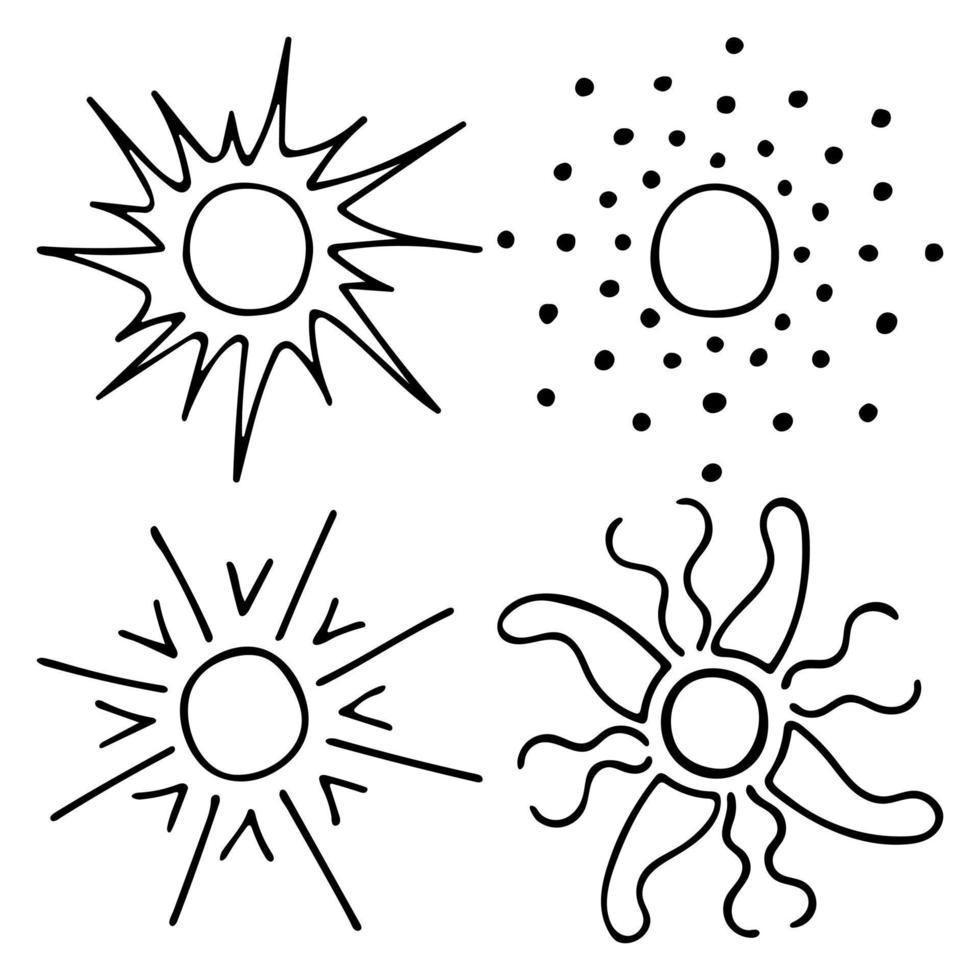 tekening contouren van de zon. vector tekening van zonnestralen. verscheidenheid van zonnestralen