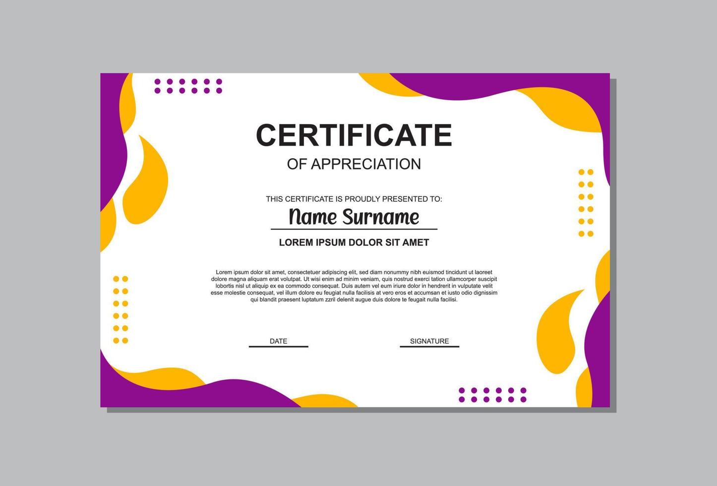 certificaat sjabloon in oranje en Purper kleuren in abstract stijl. vector