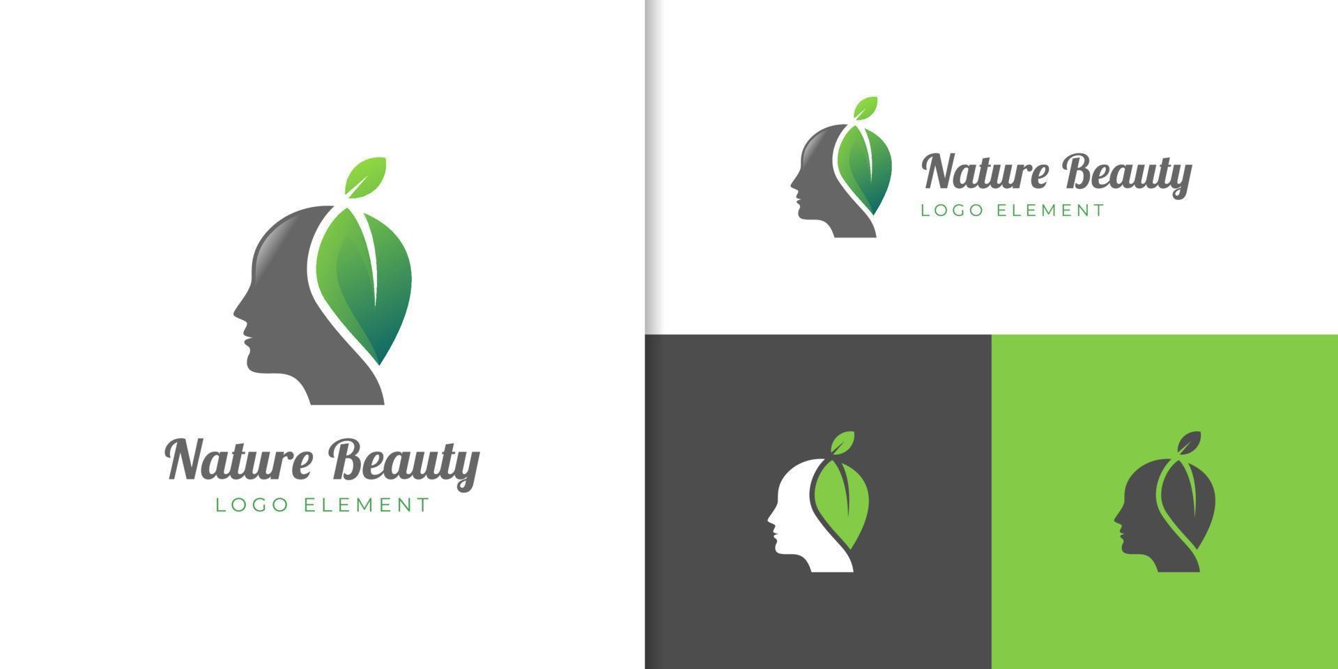 vrouwelijk luxe en natuur schoonheid vrouw met blad haar- salon helling logo. natuur kunstmatig, huid zorg bedrijf logo vector