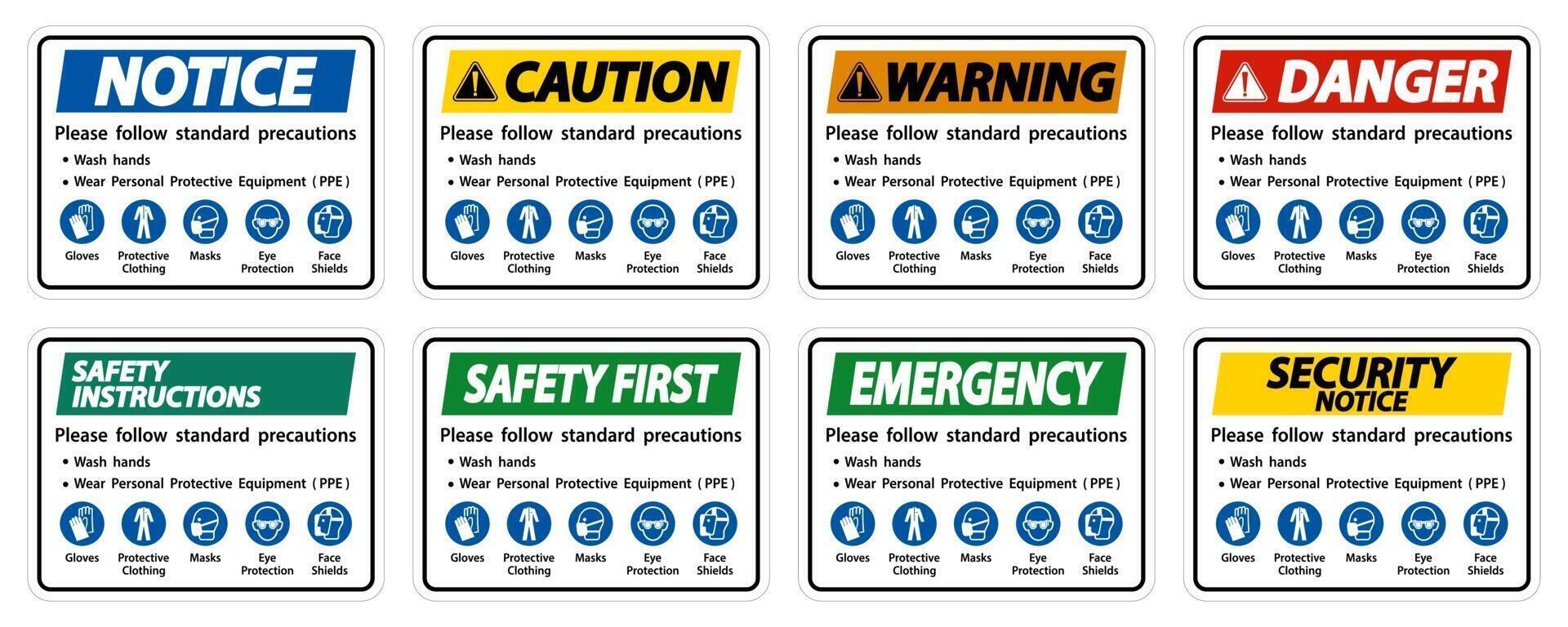 volg de standaard voorzorgsmaatregelen, handen wassen, persoonlijke beschermingsmiddelen dragen ppe, handschoenen beschermende kleding maskers oogbescherming gelaatsscherm vector