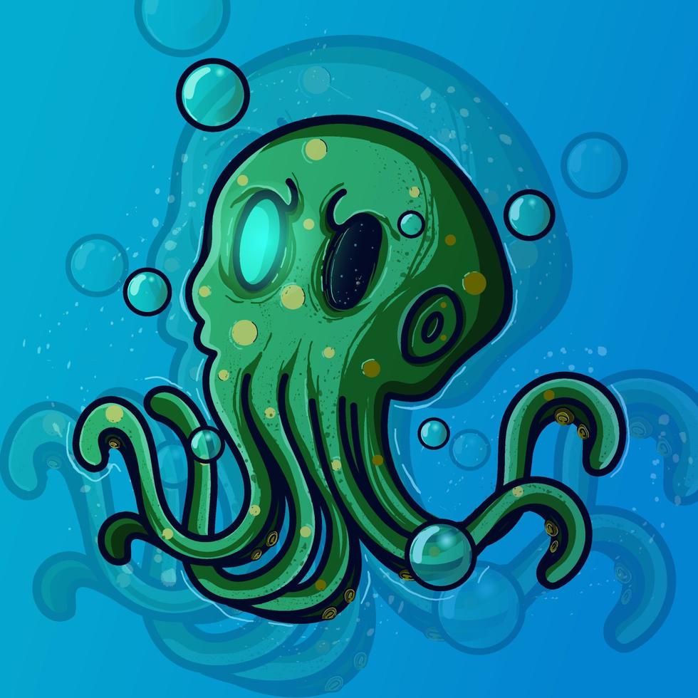 grappig tekenfilm groen Octopus in de water met bubbels in de omgeving van vector
