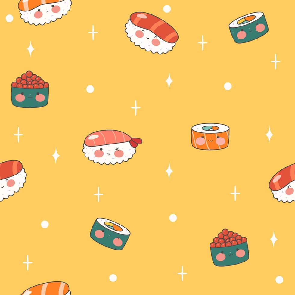 schattig eindeloos patroon met sushi, broodjes en gunkans. kawaii ornament met traditioneel Japans voedsel. Aziatisch keuken. voorraad vector illustratie.