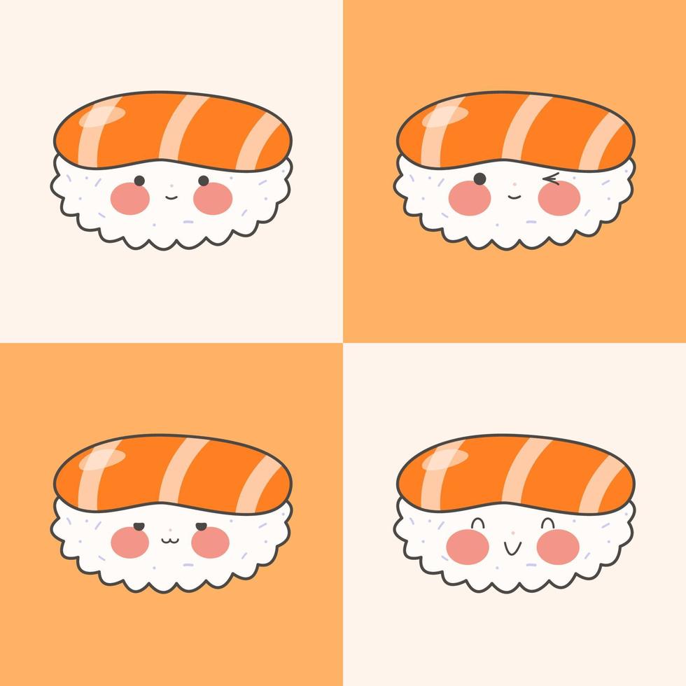 kawaii patroon met schattig sushi. traditioneel Japans voedsel. lief nigiri. voorraad vector illustratie.