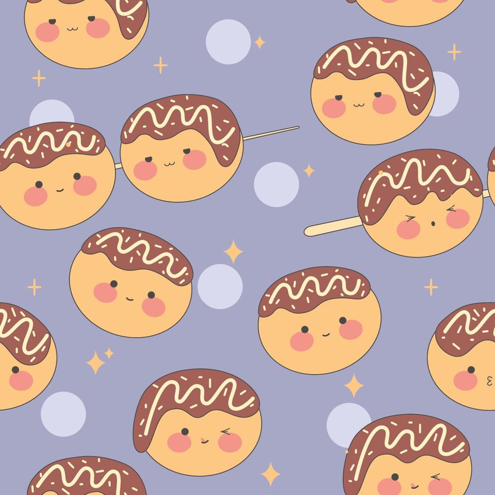 kawaii takoyaki naadloos patroon.japans keuken in schattig tekenfilm stijl. traditioneel Japans voedsel. voorraad vector illustratie.