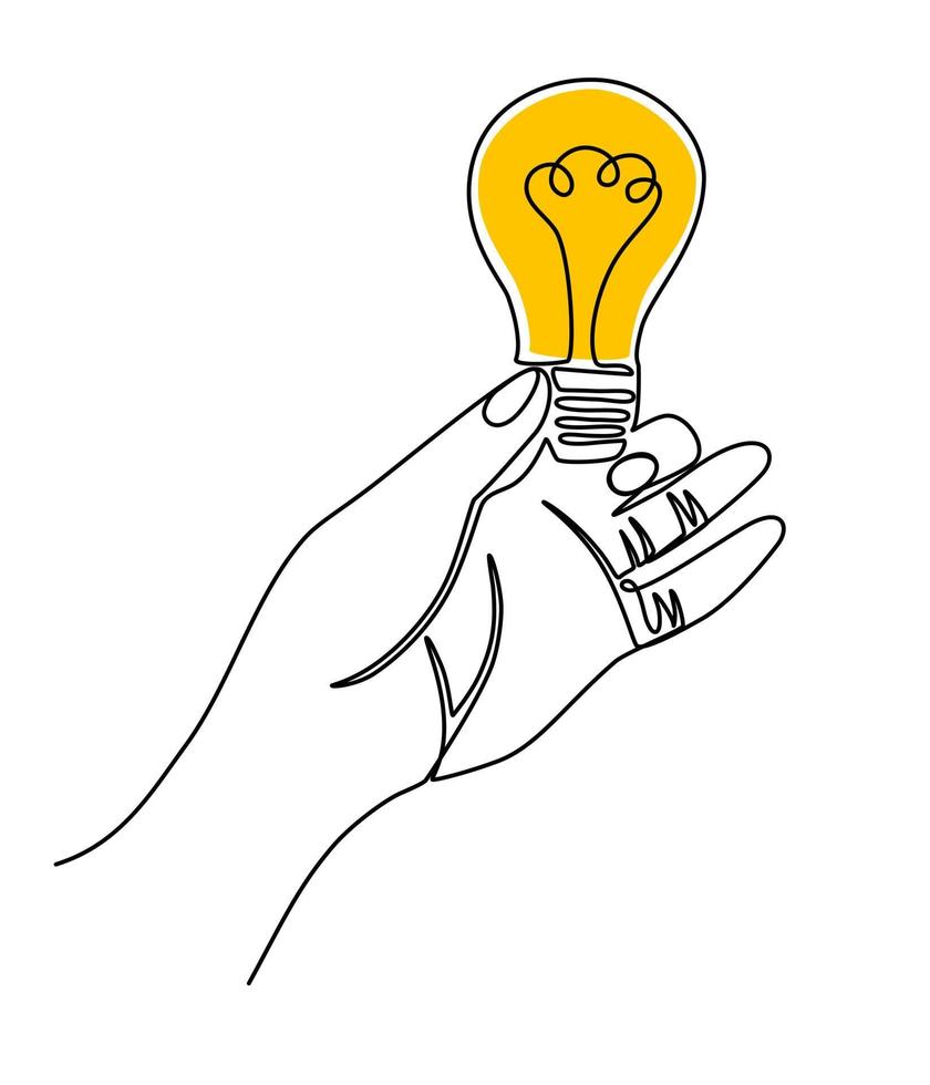 hand- Holding een licht lamp lijn kunst. schijnend lamp met bewerkbare hartinfarct. lamp logo, opslaan energie logo, schets schetsen tekening van hand- Holding cfl en normaal lamp. vector illustratie