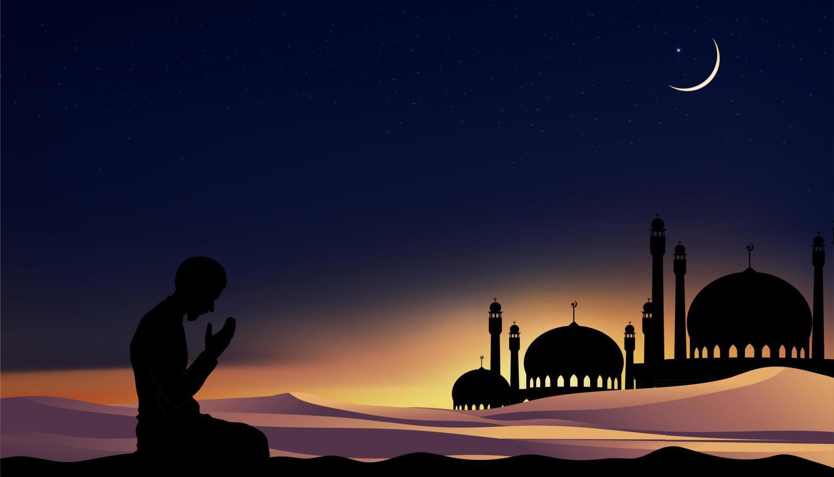 Ramadan kareem achtergrond met gebed en moskee koepel met schemering schemer hemel, silhouet moslim Mens maken een smeekbede Salah, vector symbolisch voor Islamitisch religie, eid al adha,eid mubarak, eid al fitr