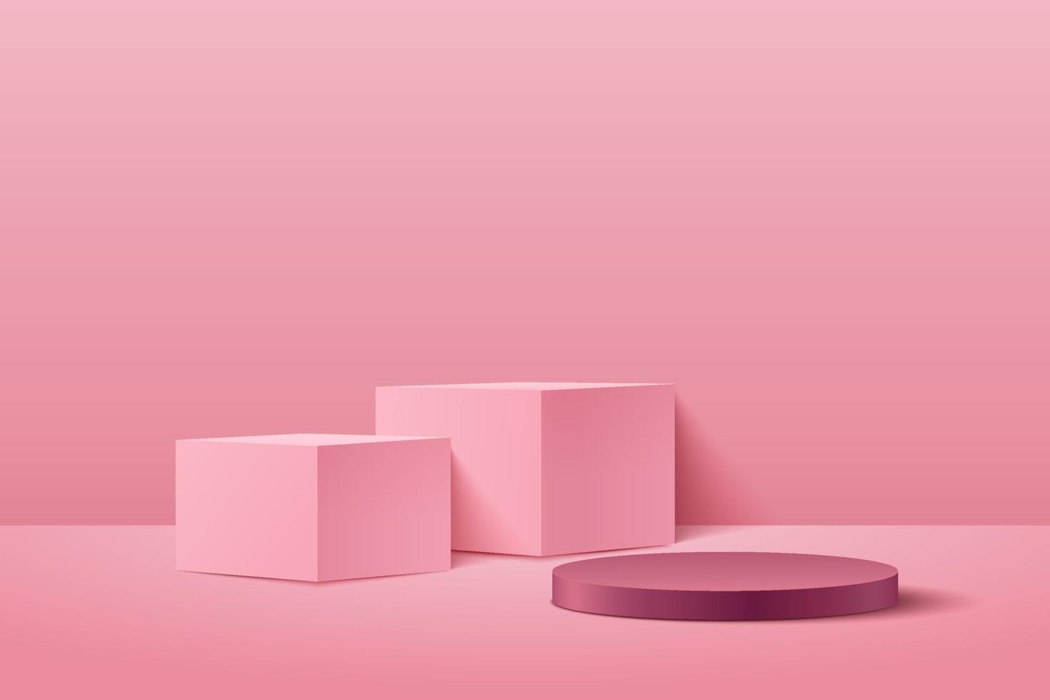 abstracte kubus en ronde display voor product op website in modern. achtergrondweergave met podium en minimale roze textuurmuurscène, 3D-rendering geometrische vorm rood roze kleur. vector eps10