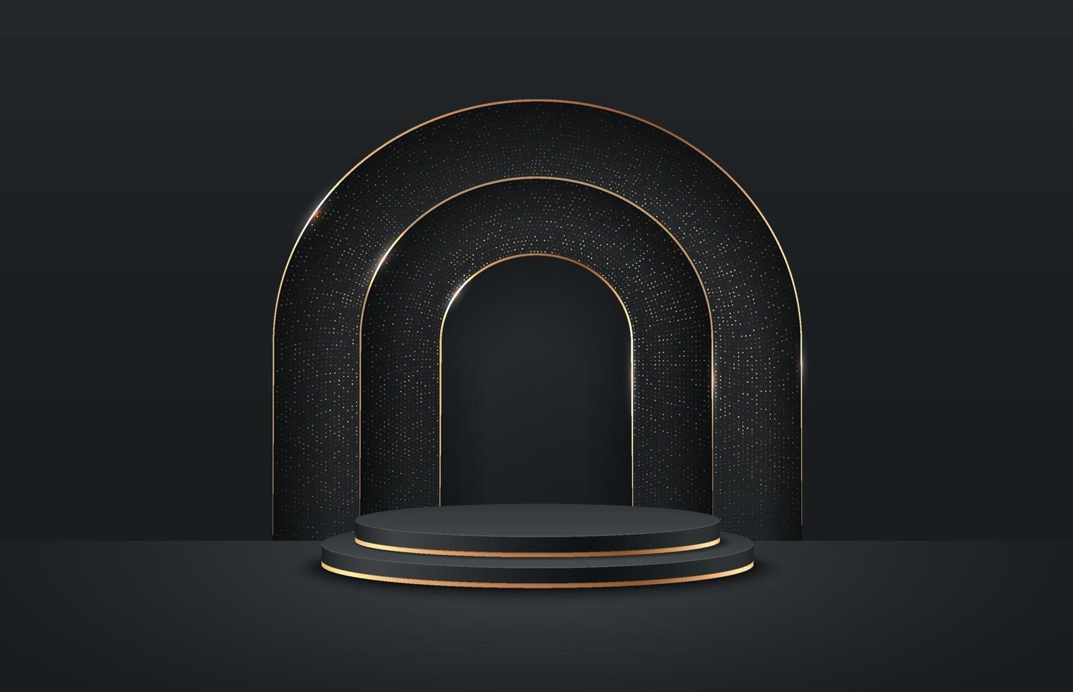 abstracte ronde display voor product op website in modern. luxe achtergrondweergave met podium en minimale zwarte en gouden textuurmuurscène, 3D-rendering geometrische vorm zwarte kleur. vector eps10