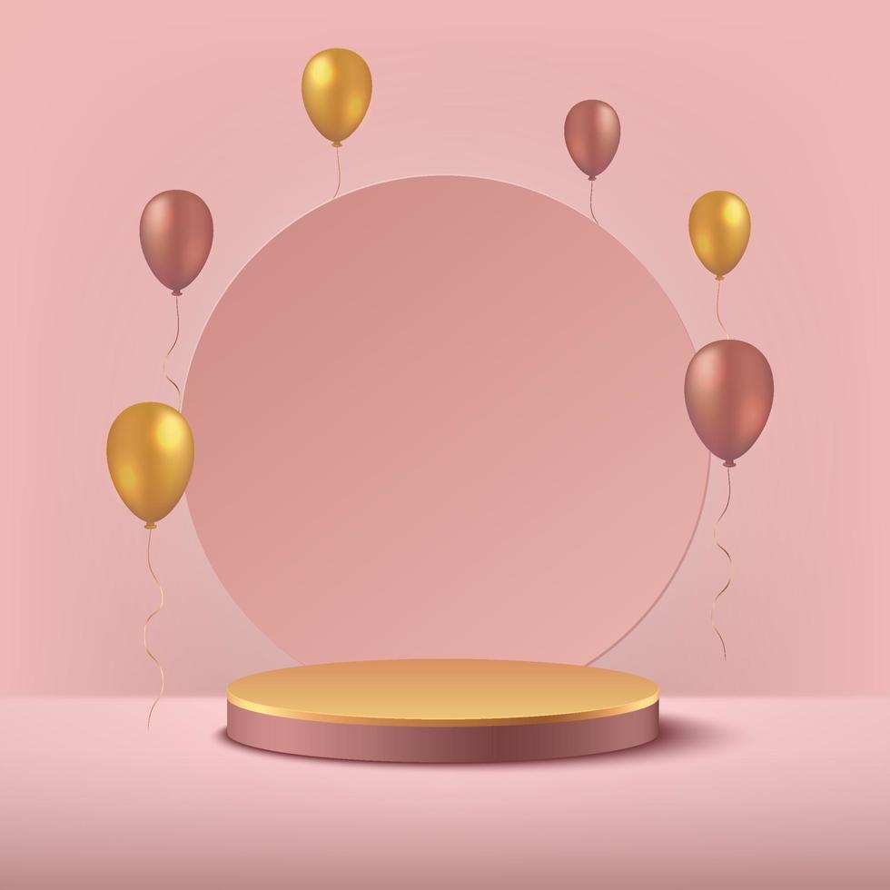 luxe roze gouden en gouden ballon vector 3d teruggeven als achtergrond met cilinderpodium. minimaal gerenderde scène 3d met gouden podiumplatform. staan om product te tonen. podium showcase achtergrond.