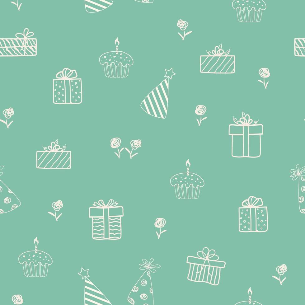 hand getrokken doodle schets met geschenkdozen en cupcake op groene achtergrond vector