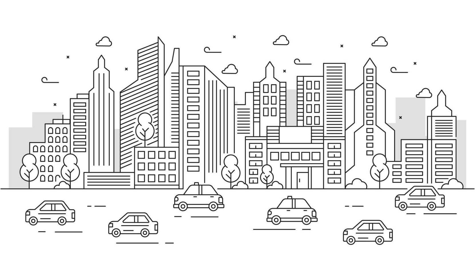 stedelijke illustratie met grote gebouwen met auto's en bomen. stadsactiviteiten vector