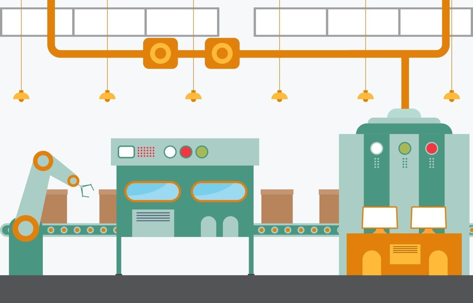 industriële fabriek met transportband en robotassemblageillustratie vector