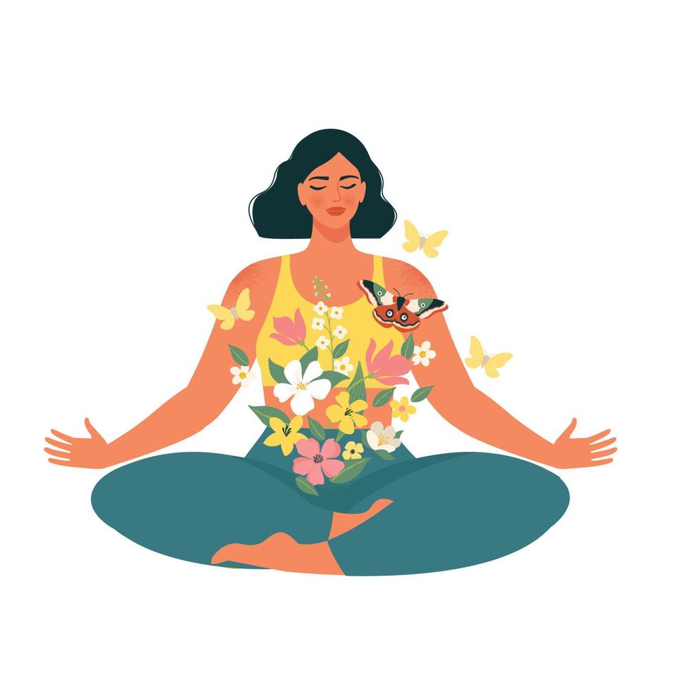 mindfulness, meditatie en yoga achtergrond in pastel vintage kleuren met vrouwen zitten met gekruiste benen en mediteren. vectorillustratie. vector