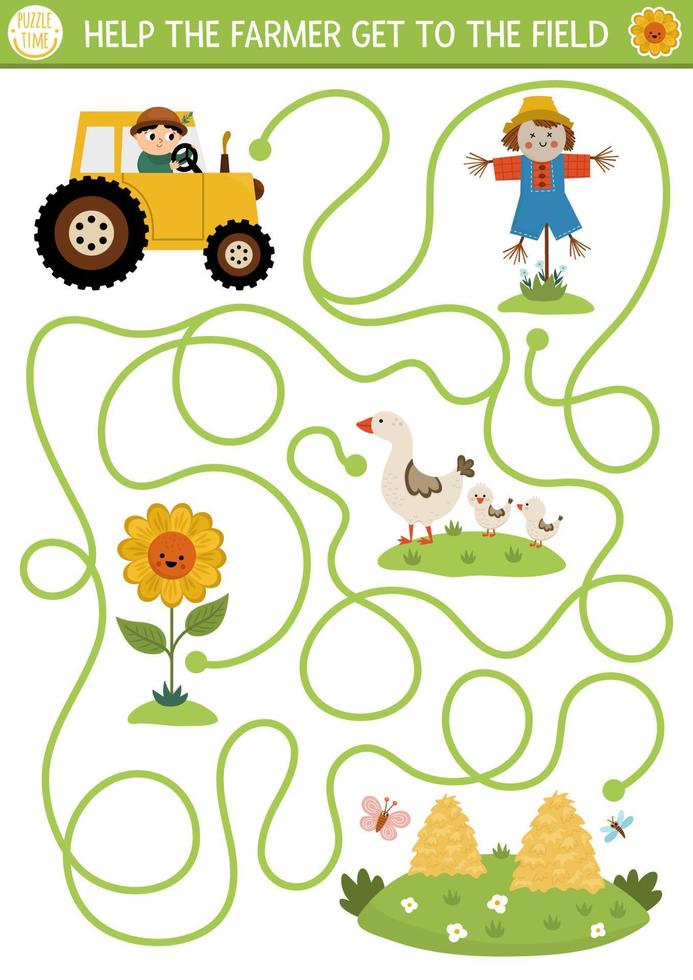 boerderij doolhof voor kinderen met schattig tractor, vogelverschrikker, zonnebloem, hooi stapels. land kant peuter- afdrukbare werkzaamheid. voorjaar of zomer labyrint spel, puzzel. helpen de boer krijgen naar de veld- vector