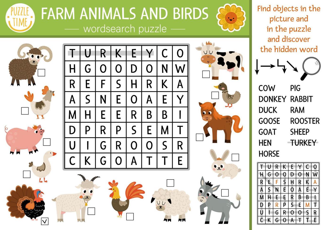 vector boerderij dieren en vogelstand woorden zoeken puzzel voor kinderen. gemakkelijk Aan de boerderij woord zoeken quiz voor kinderen. land leerzaam werkzaamheid met koe, kip, varken, geit, paard. landelijk kruiswoordraadsel