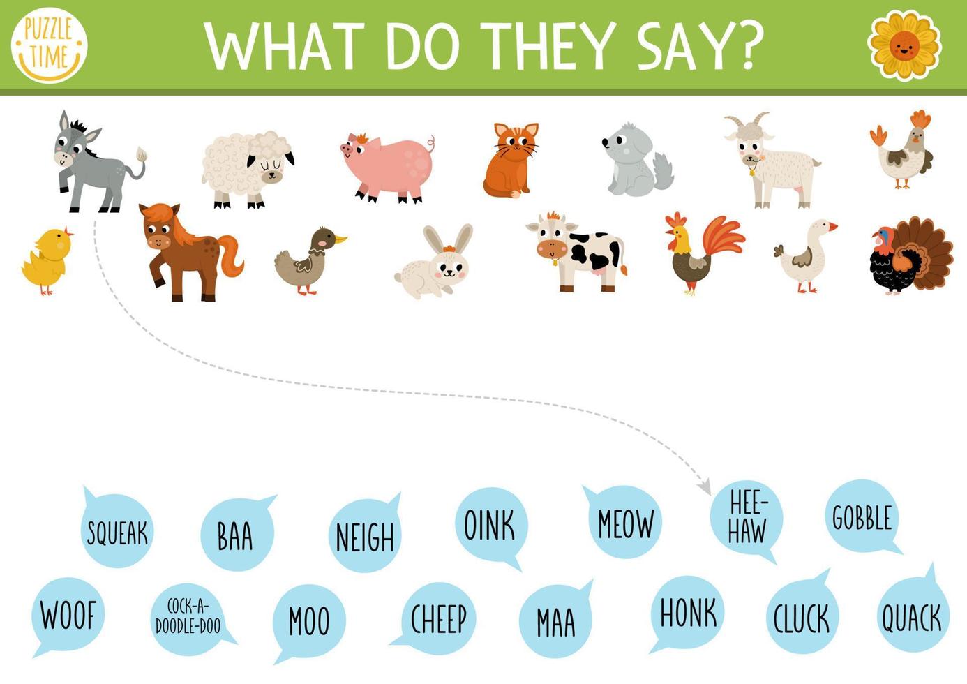 boerderij bij elkaar passen werkzaamheid met schattig dieren en dier klinkt. land puzzel met konijn, koe, kat, kip, geit, varken. wat Doen ze zeggen afdrukbare werkblad. Aan de boerderij bij elkaar passen omhoog bladzijde vector