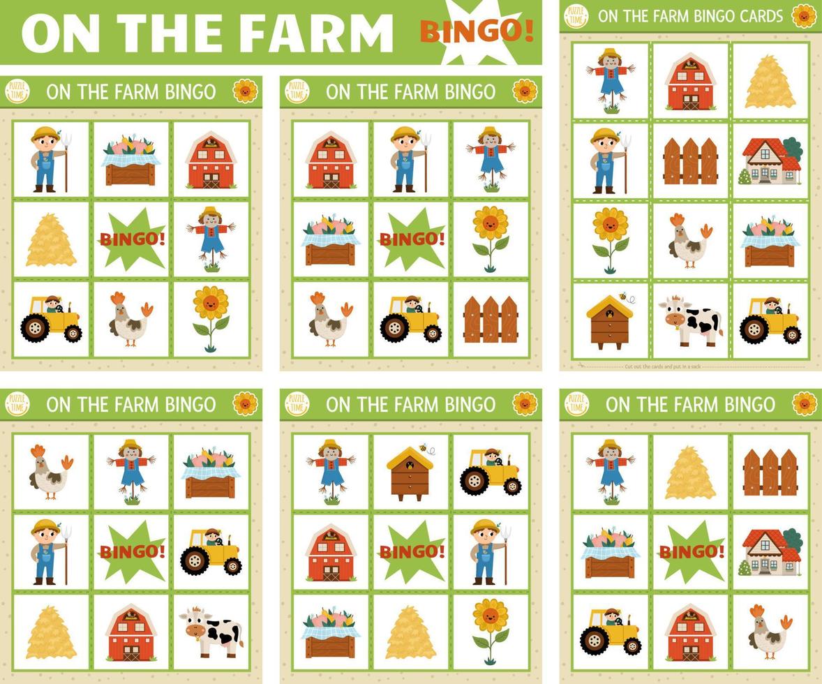 vector Aan de boerderij bingo kaarten set. pret familie lotto bord spel met schattig schuur, boer, koe, dieren voor kinderen. landelijk platteland loterij werkzaamheid. gemakkelijk leerzaam afdrukbare werkblad.