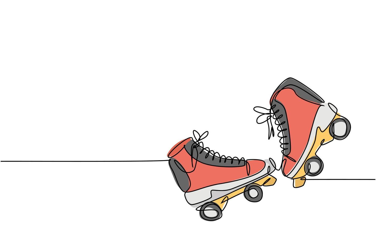 een enkele lijntekening van een paar oude retro plastic quad rolschaatsschoenen. vintage klassiek extreme sport concept continu lijn tekenen ontwerp vector grafische illustratie