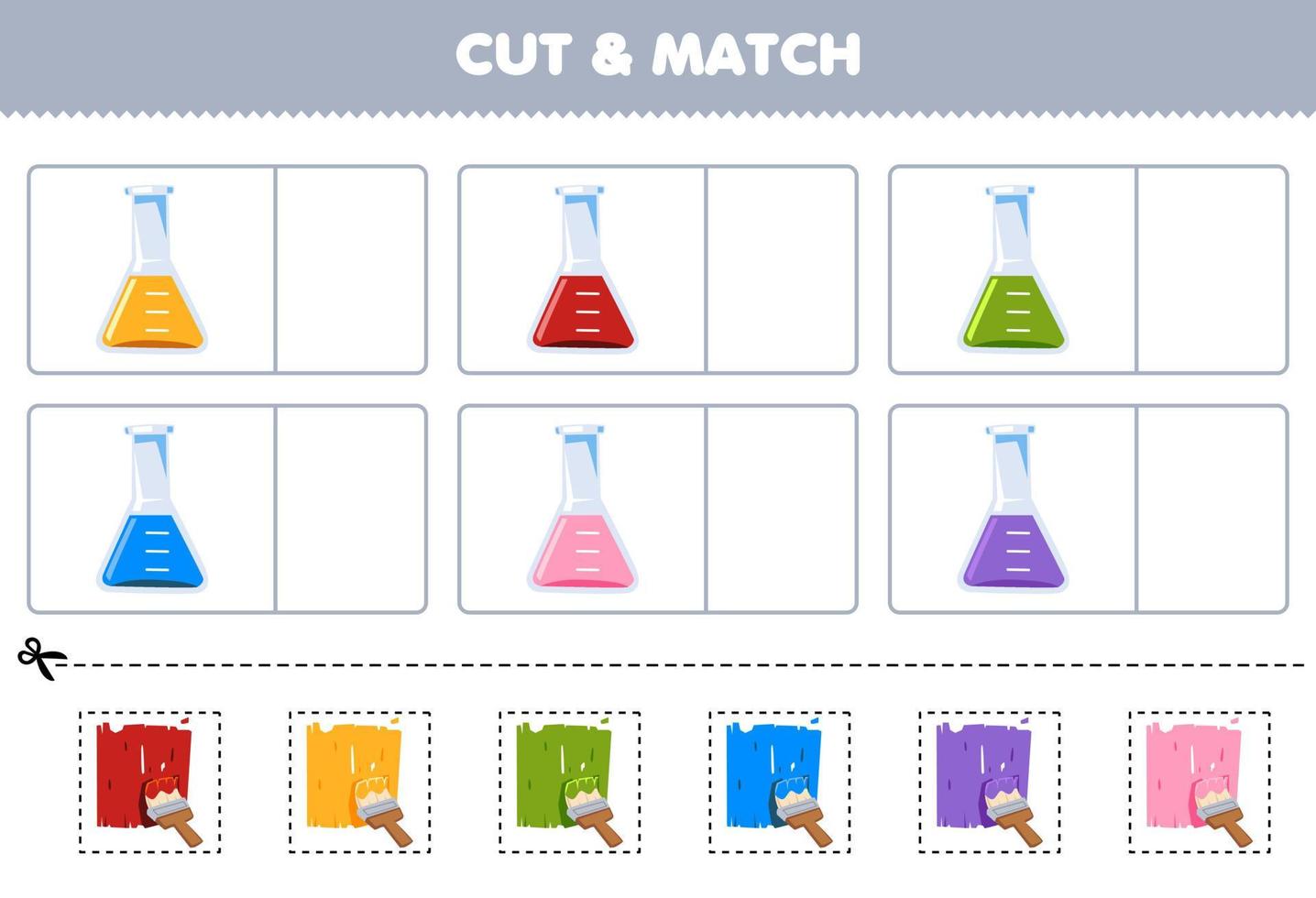 onderwijs spel voor kinderen besnoeiing en bij elkaar passen de dezelfde kleur van schattig tekenfilm beker afbeelding afdrukbare gereedschap werkblad vector