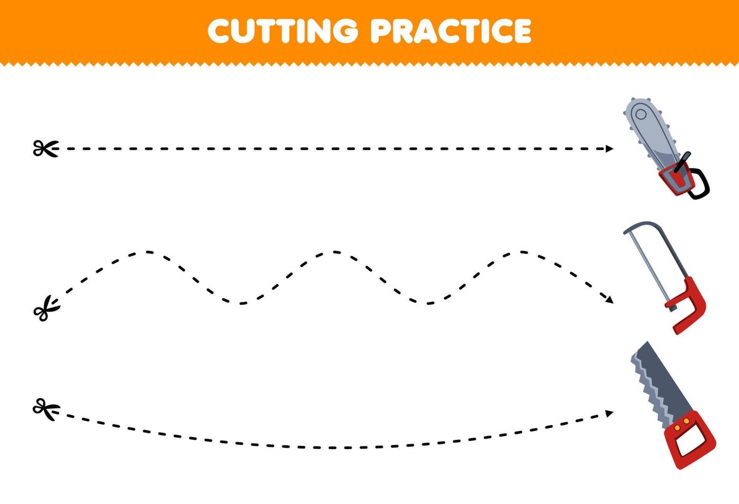 onderwijs spel voor kinderen snijdend praktijk met schattig tekenfilm kettingzaag en zag afbeelding afdrukbare gereedschap werkblad vector