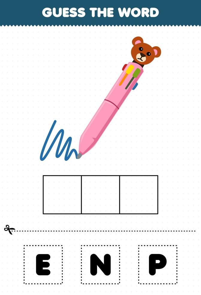 onderwijs spel voor kinderen Raad eens de woord brieven beoefenen van schattig tekenfilm pen afdrukbare gereedschap werkblad vector