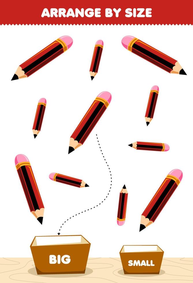 onderwijs spel voor kinderen regelen door grootte groot of klein zetten het in de doos van schattig tekenfilm potlood afbeelding afdrukbare gereedschap werkblad vector