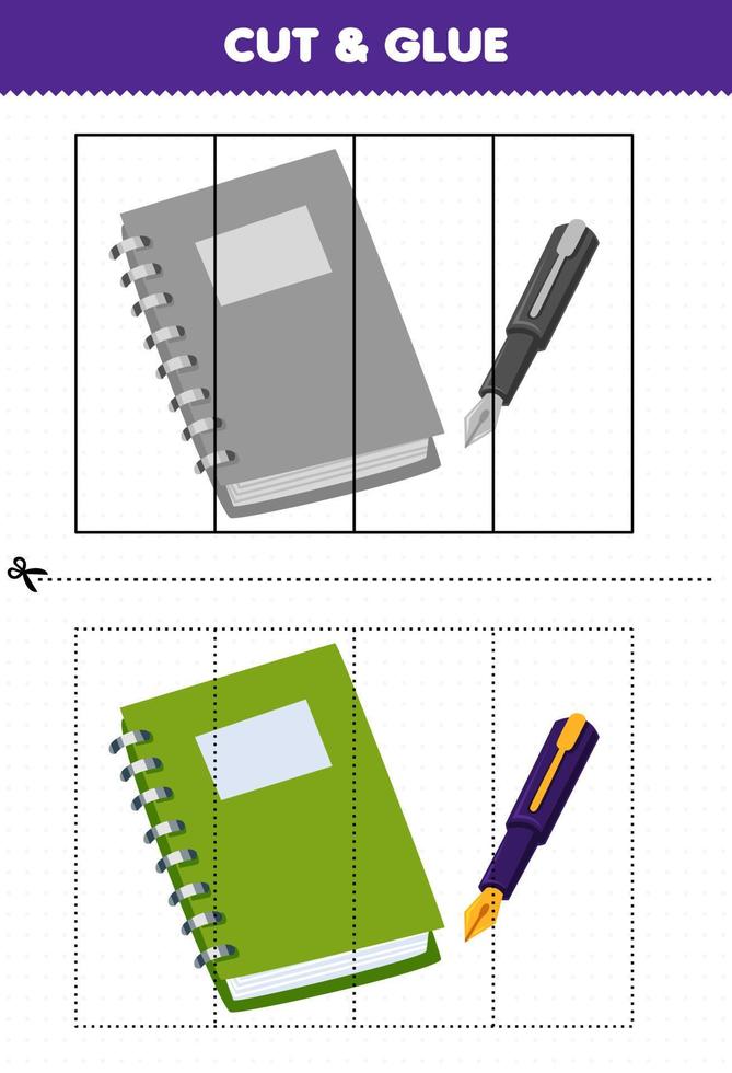 onderwijs spel voor kinderen besnoeiing en lijm met schattig tekenfilm boek en pen afbeelding afdrukbare gereedschap werkblad vector