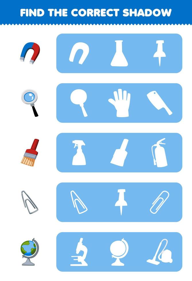 onderwijs spel voor kinderen vind de correct schaduw silhouet van schattig tekenfilm magneet vergrootglas borstel klem wereldbol afdrukbare gereedschap werkblad vector