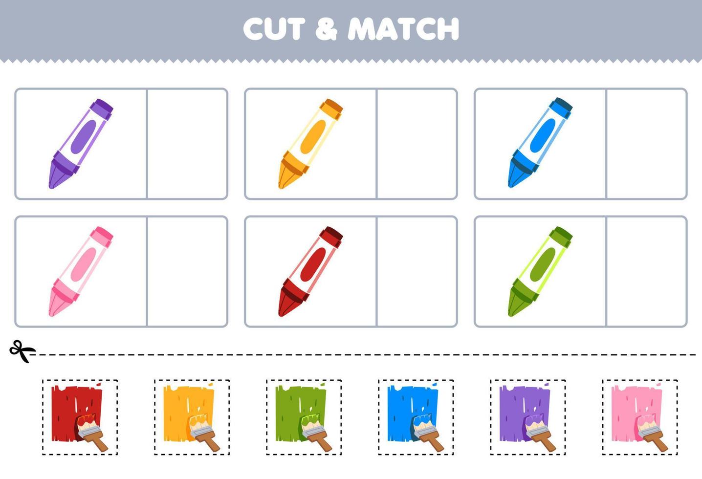 onderwijs spel voor kinderen besnoeiing en bij elkaar passen de dezelfde kleur van schattig tekenfilm krijt afbeelding afdrukbare gereedschap werkblad vector