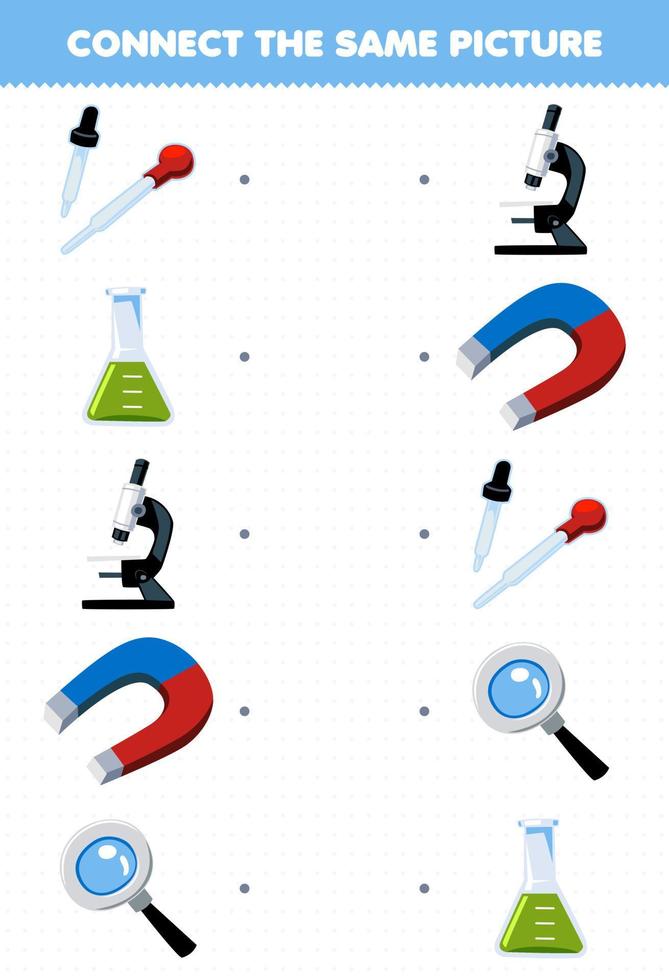 onderwijs spel voor kinderen aansluiten de dezelfde afbeelding van tekenfilm druppelaar beker microscoop magneet vergrootglas afbeelding afdrukbare gereedschap werkblad vector