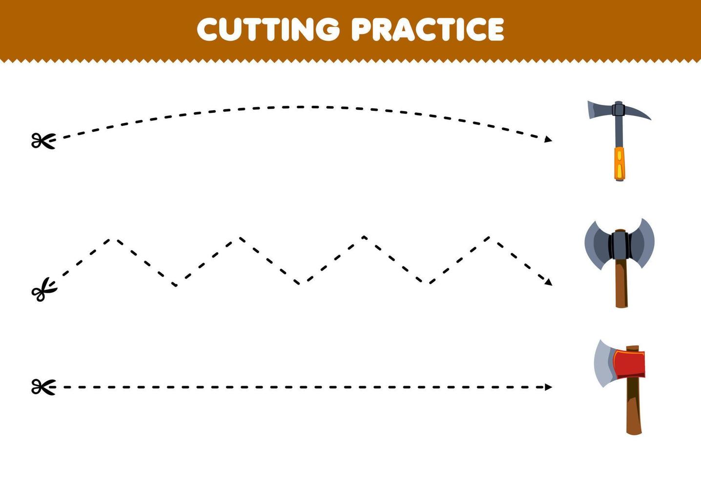onderwijs spel voor kinderen snijdend praktijk met schattig tekenfilm bijl en pikhouweel afbeelding afdrukbare gereedschap werkblad vector
