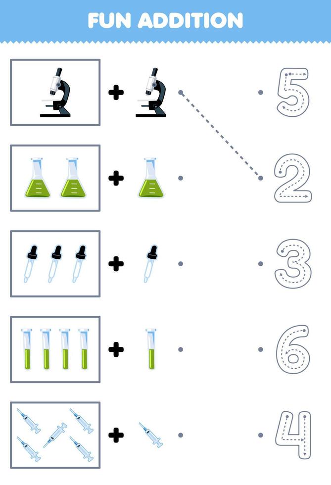 onderwijs spel voor kinderen pret tellen en toevoegen een meer tekenfilm microscoop beker druppelaar test buis injectiespuit vervolgens Kiezen de correct aantal gereedschap werkblad vector