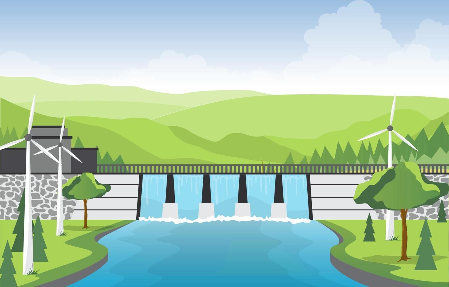 rivier stroomt door grote dam illustratie vector