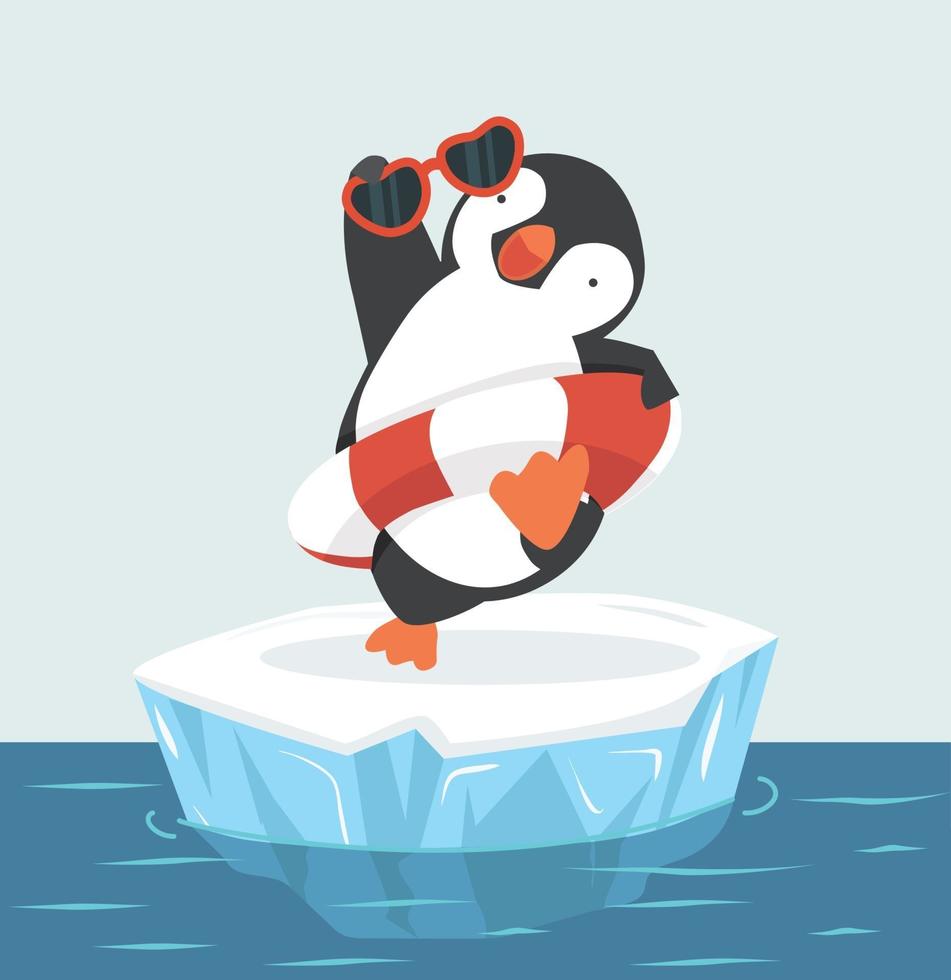 schattige pinguïn met opblaasbare ring op ijsschots vector